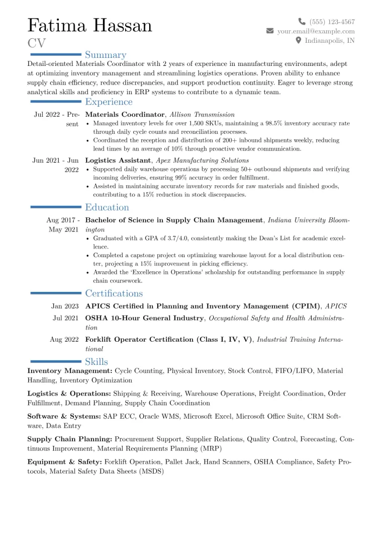 Materials Coordinator Resume Example CV template preview