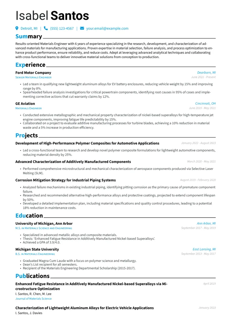 Materials Engineer Resume Example CV template preview