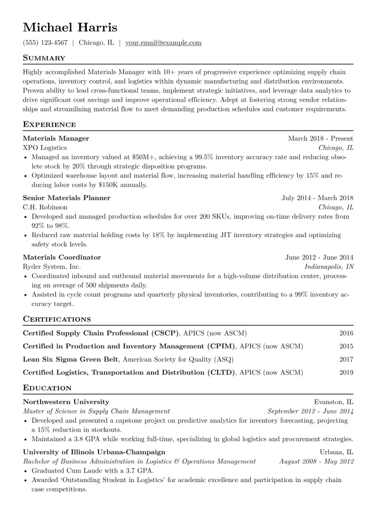 Materials Manager Resume Example CV template preview