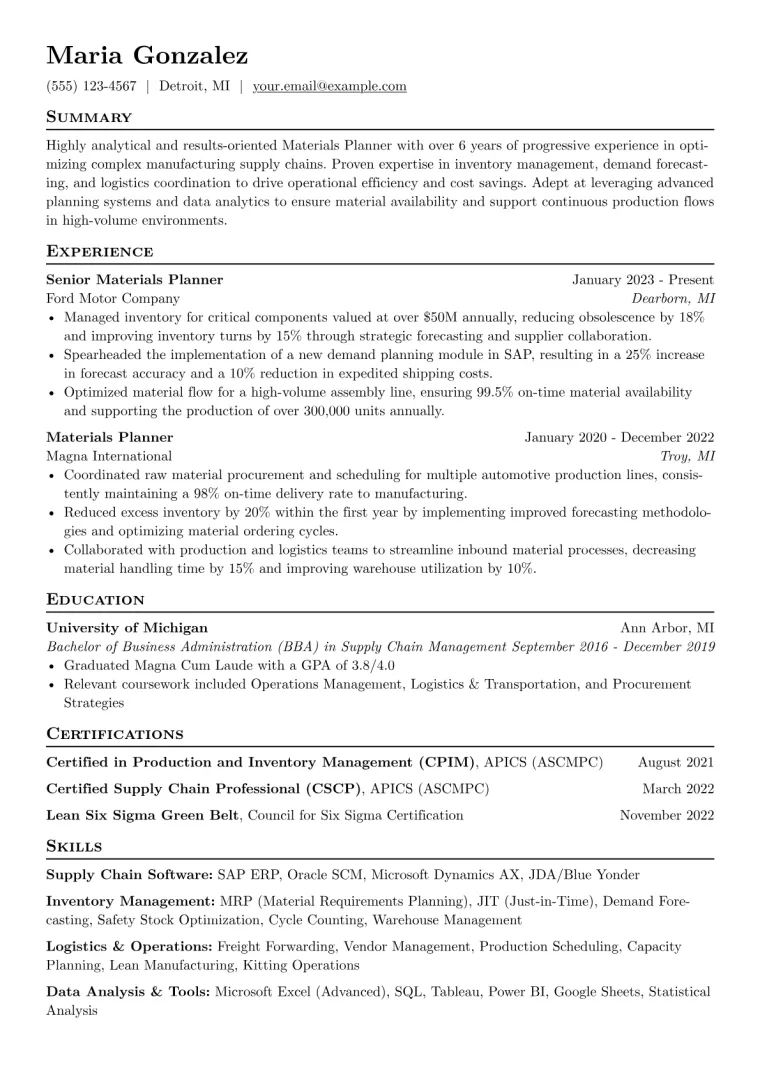 Materials Planner Resume Example preview