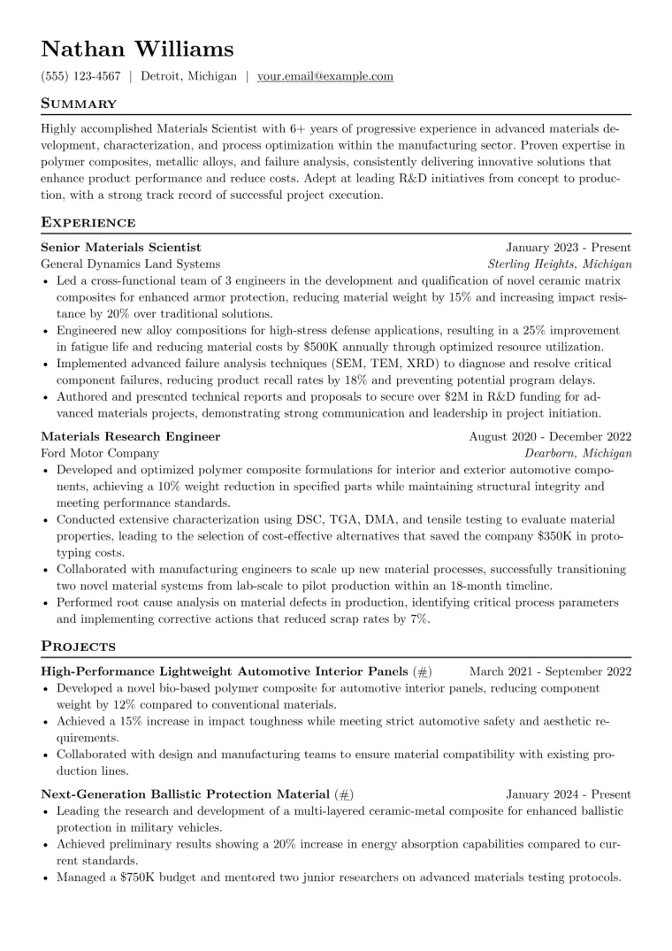Materials Scientist Resume Example CV template preview