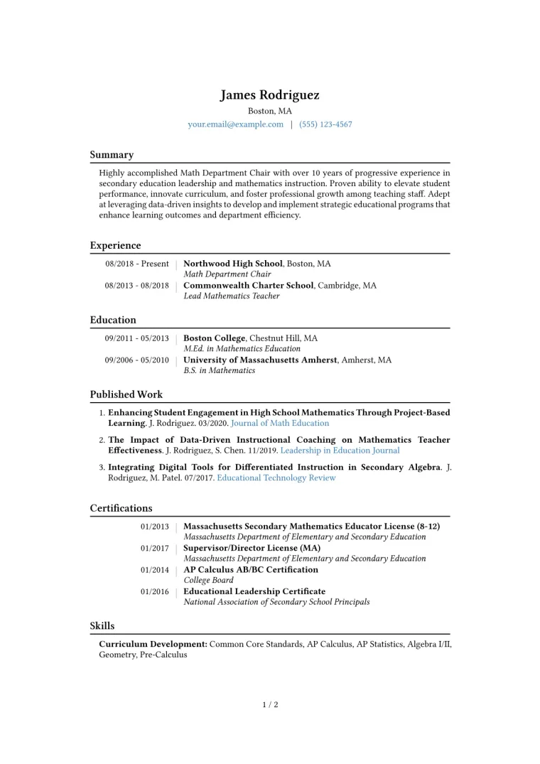 Math Department Chair Resume Example CV template preview