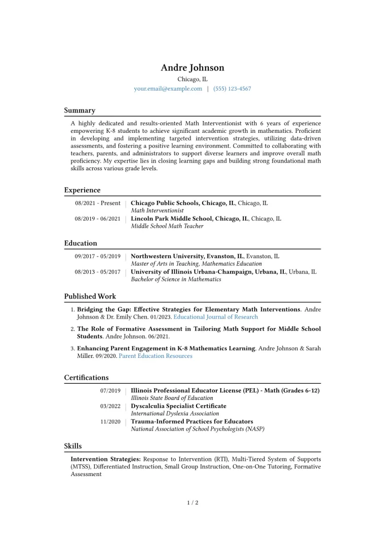 Math Interventionist Resume Example CV template preview