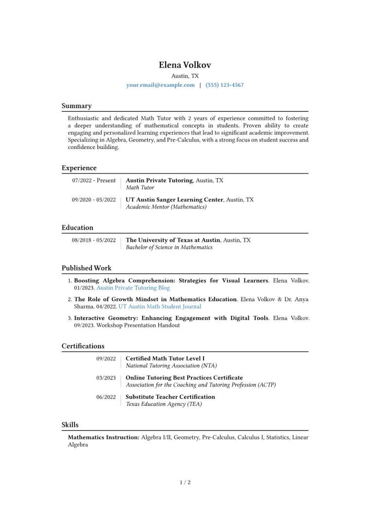 Math Tutor Resume Example CV template preview