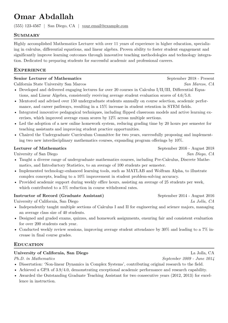 Mathematics Lecturer Resume Example CV template preview