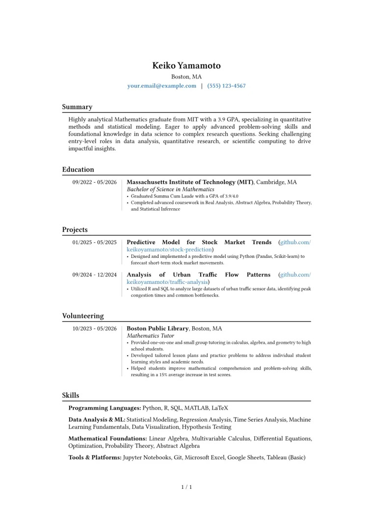 Mathematics Resume Example CV template preview