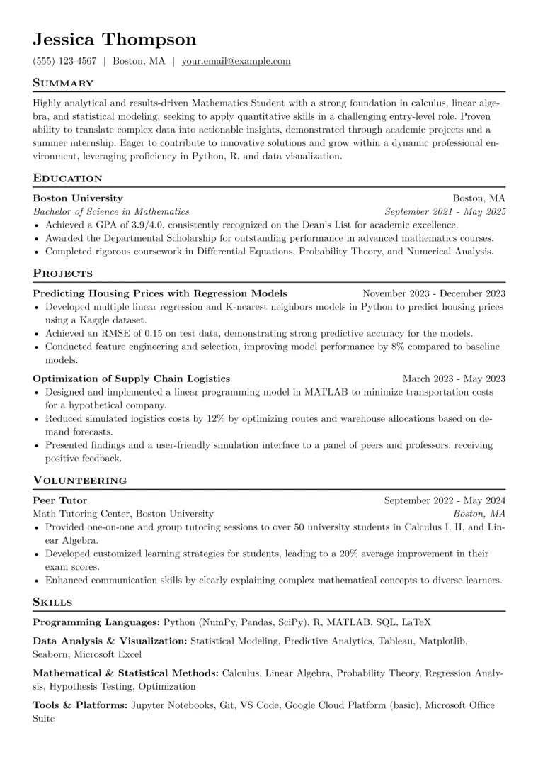 Mathematics Student Resume Example CV template preview