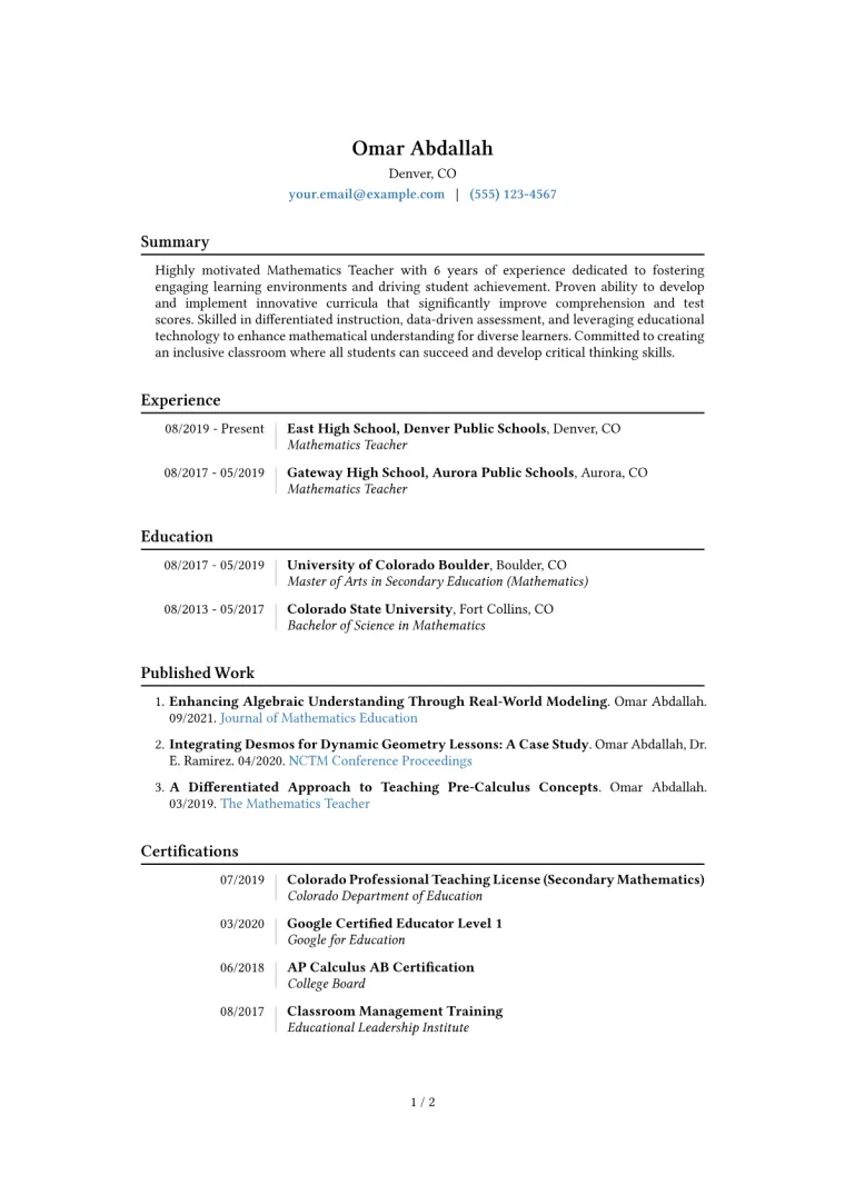 Mathematics Teacher Resume Example CV template preview