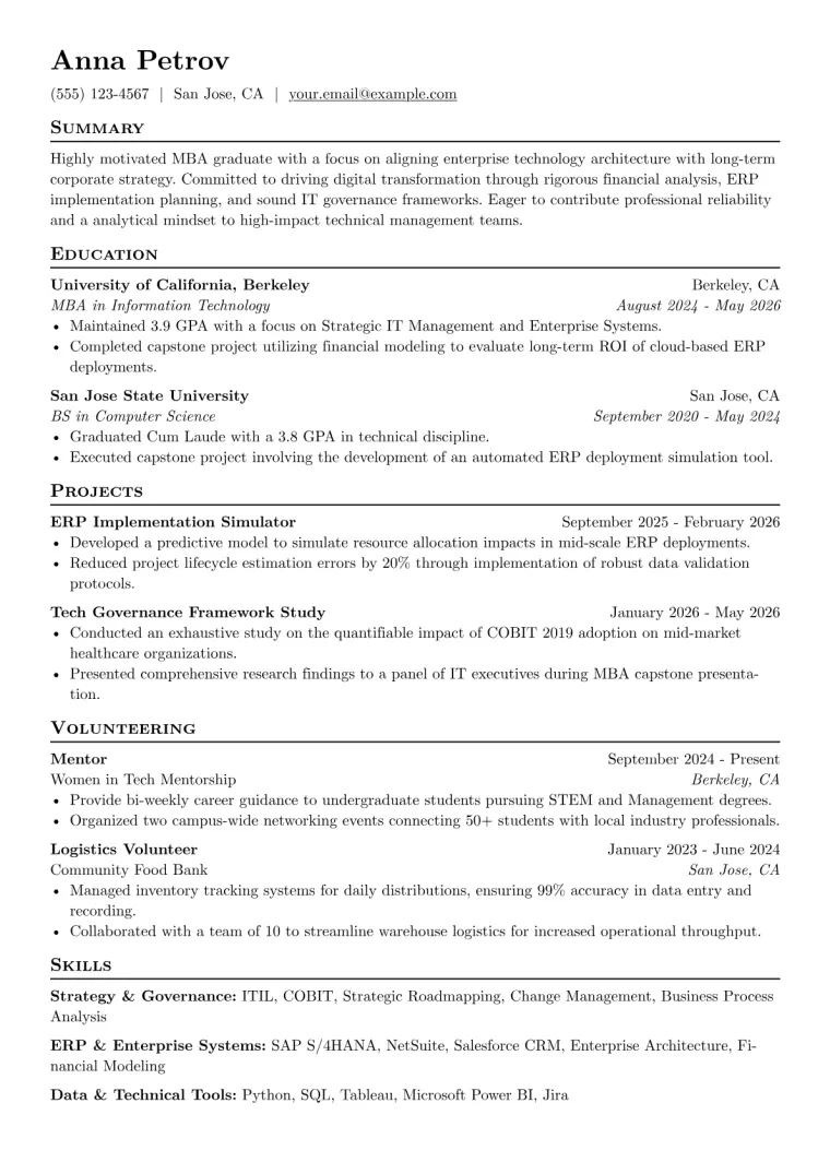 MBA in Information Technology Resume Examples (2026)