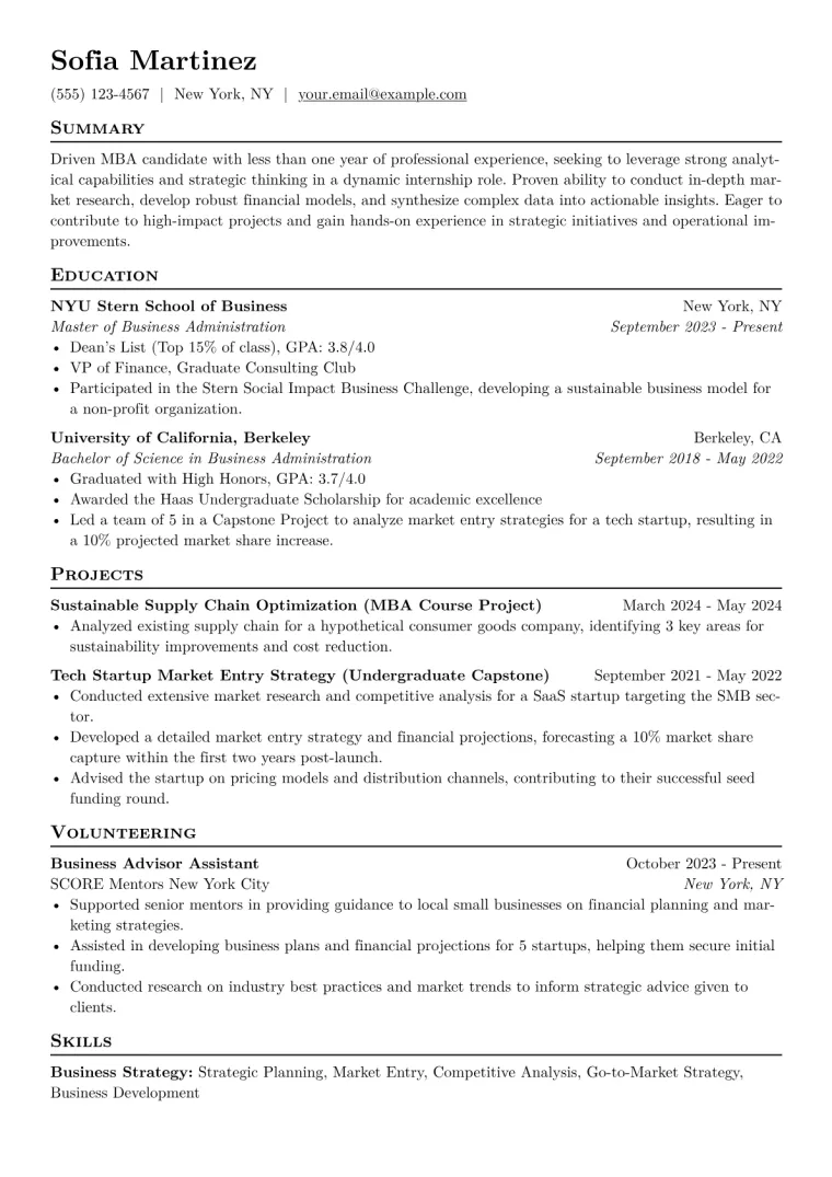 MBA Intern Resume Example CV template preview