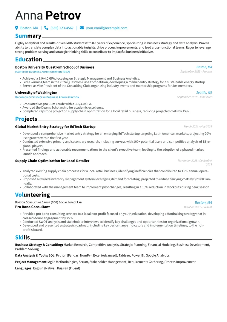 MBA Student Resume Example CV template preview