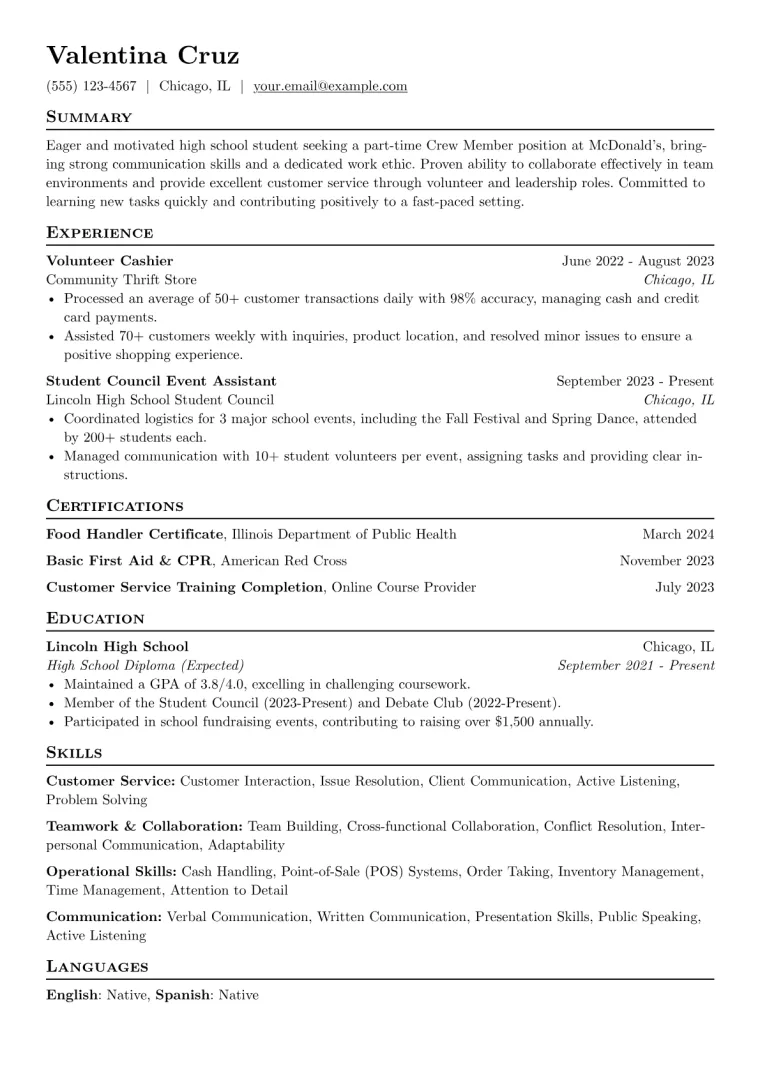 McDonalds Resume Example CV template preview