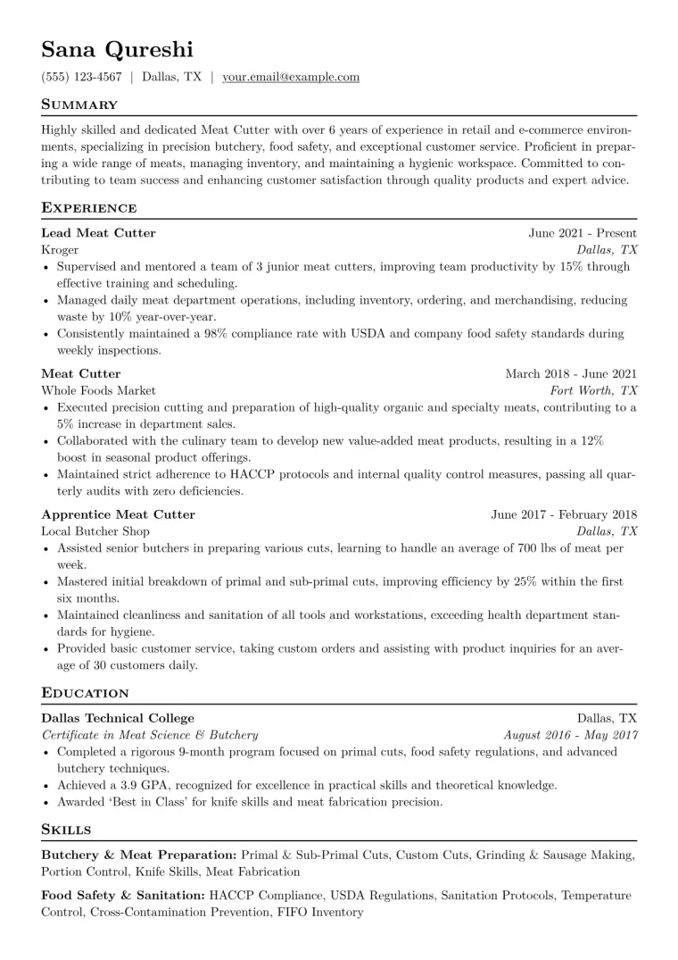 Meat Cutter Resume Example CV template preview