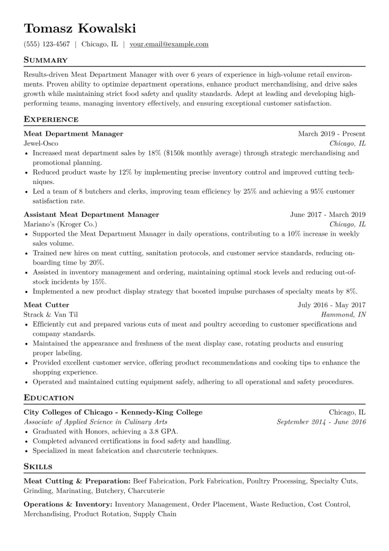 Meat Department Manager Resume Example CV template preview