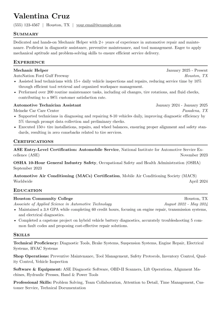 Mechanic Helper Resume Example CV template preview