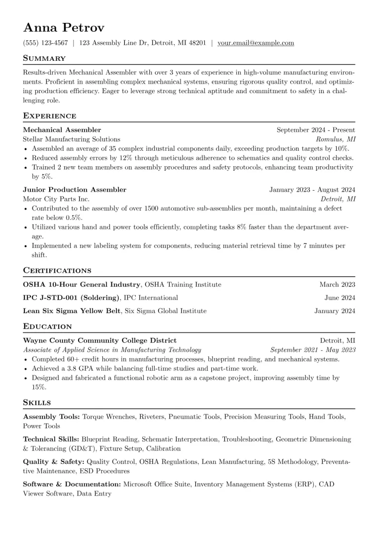 Mechanical Assembler Resume Example CV template preview