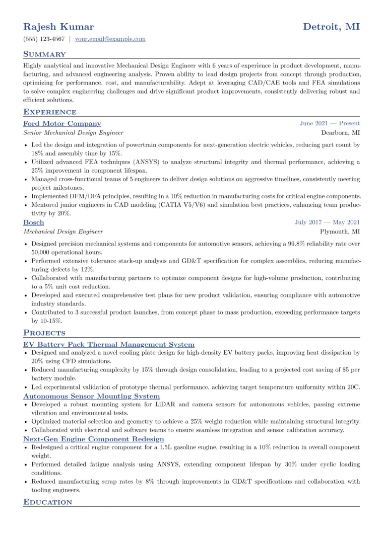 Mechanical Design Engineer Resume Example CV template preview