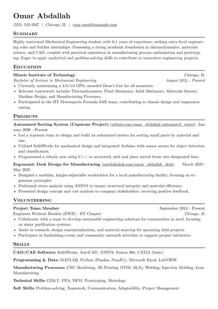 Mechanical Engineer Student Resume Example CV template preview