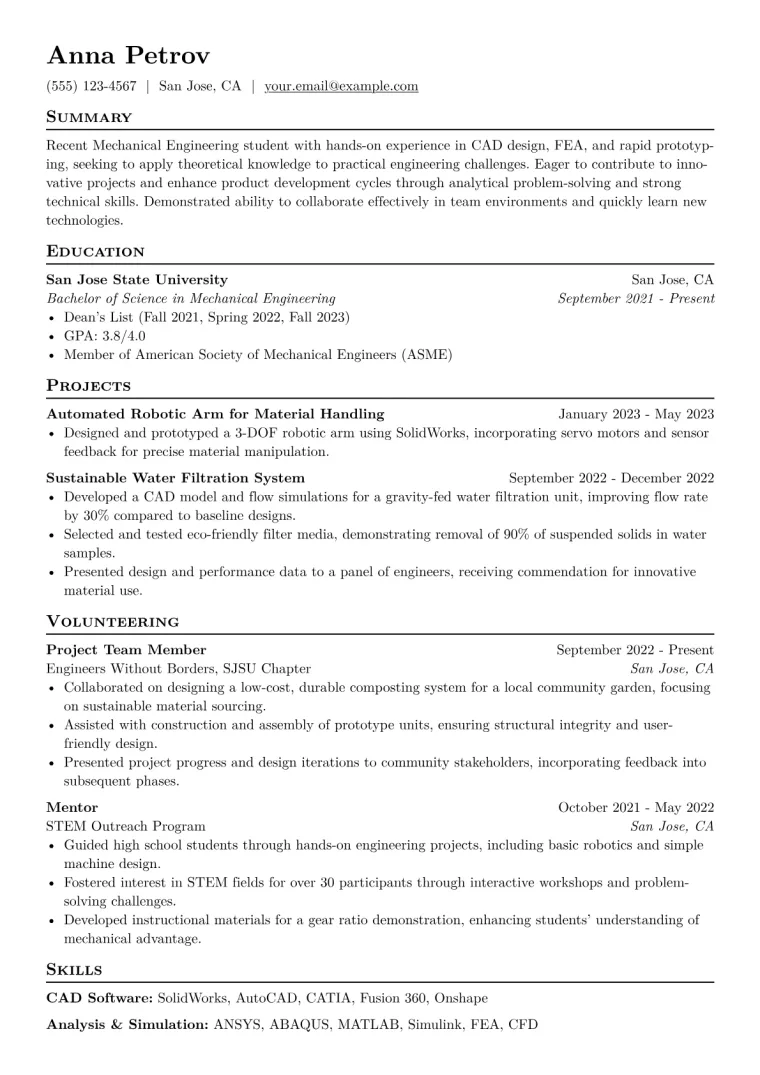 Mechanical Engineering Intern Resume Example CV template preview