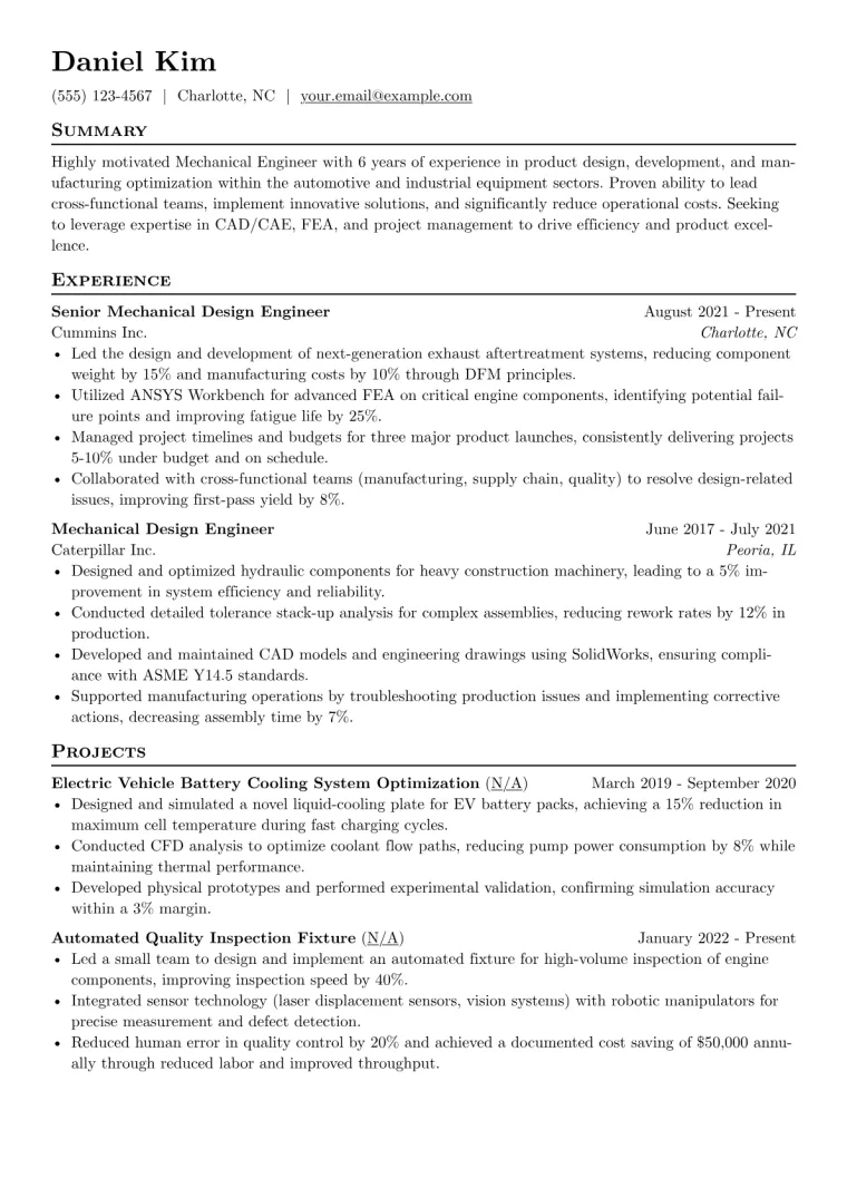 Mechanical Engineering Resume Example CV template preview