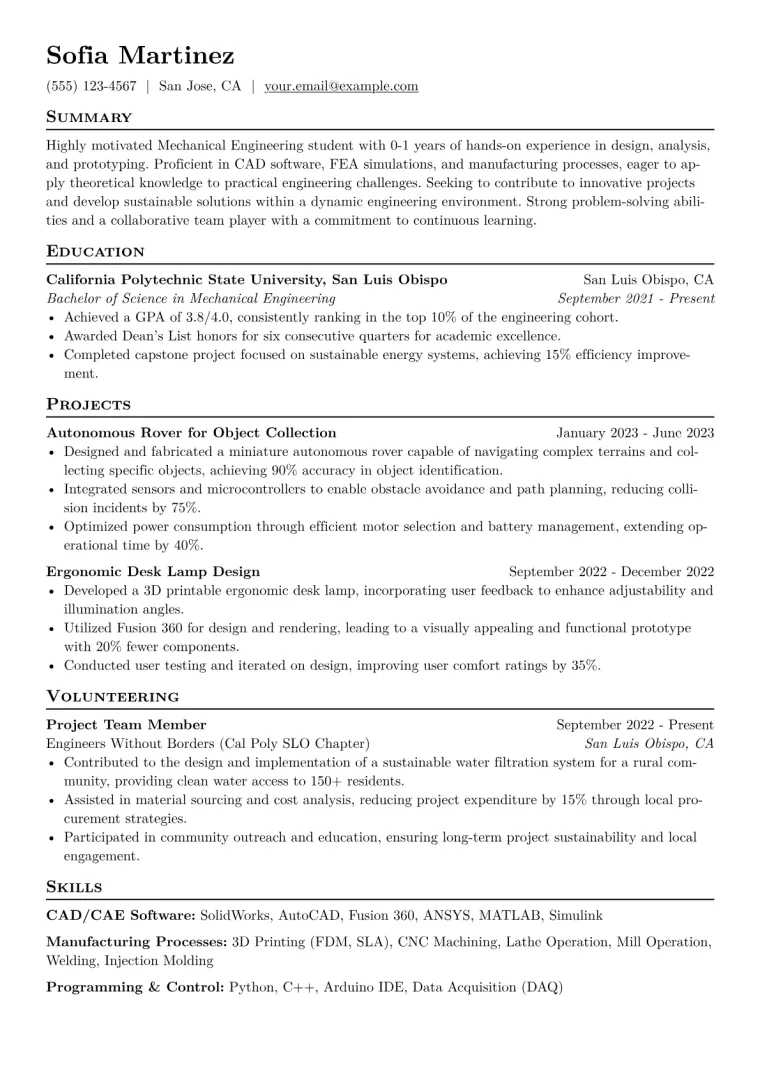 Mechanical Engineering Student Resume Example CV template preview