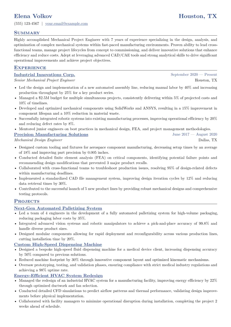 Mechanical Project Engineer Resume Example CV template preview