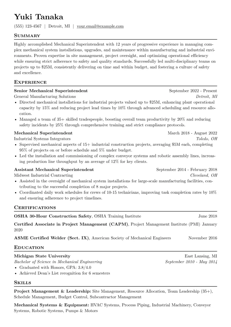 Mechanical Superintendent Resume Example CV template preview