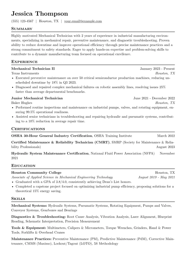 Mechanical Technician Resume Example CV template preview