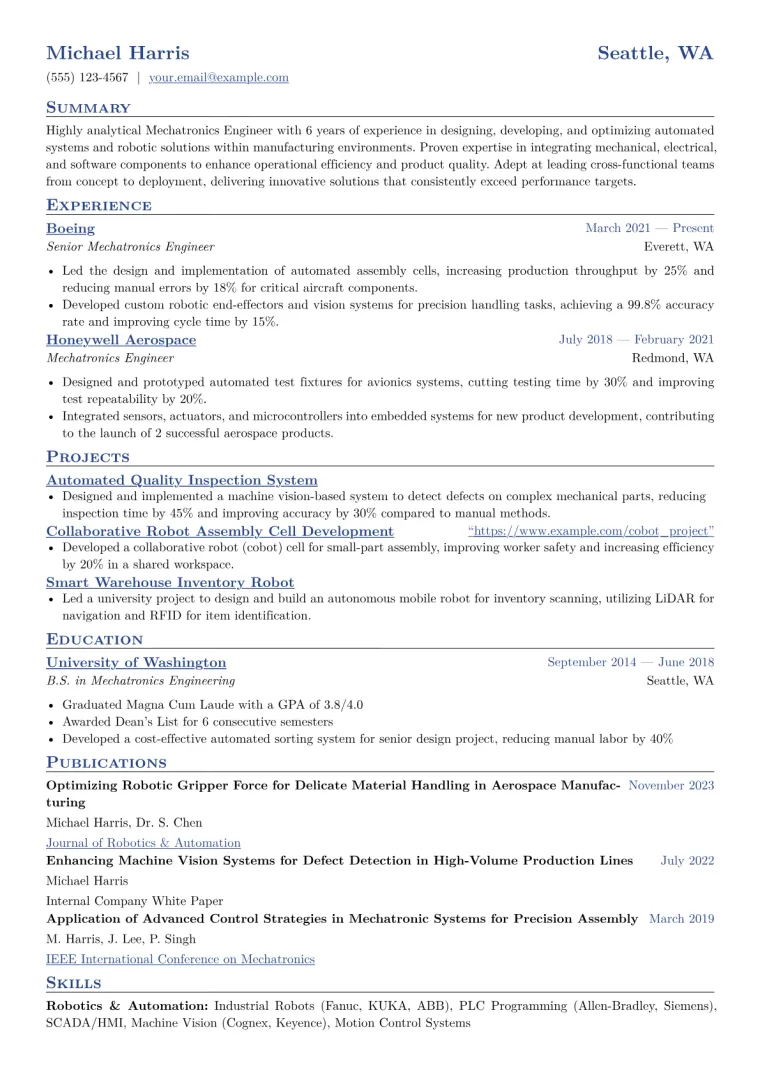 Mechatronics Engineer Resume Example CV template preview