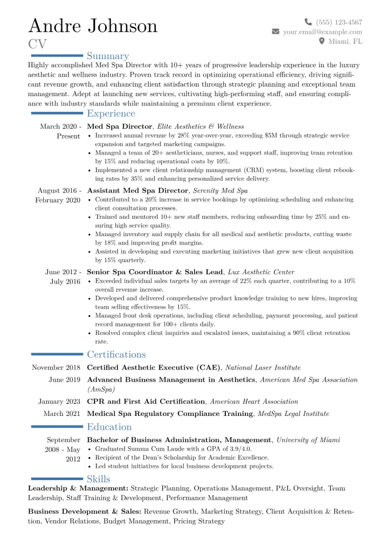 Med Spa Director Resume Example CV template preview