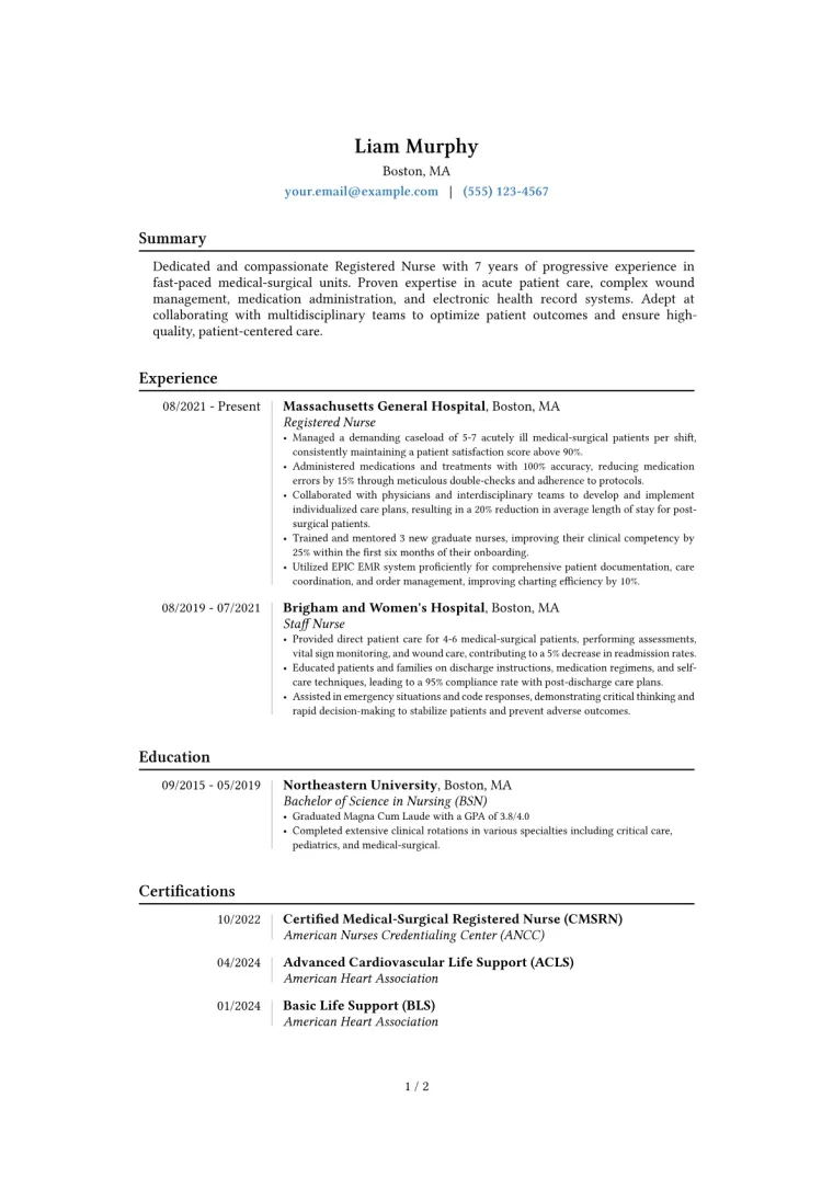 Med Surg Nurse Resume Example CV template preview