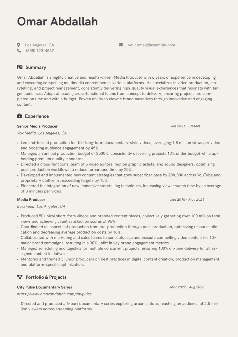 Media Producer Resume Example CV template preview