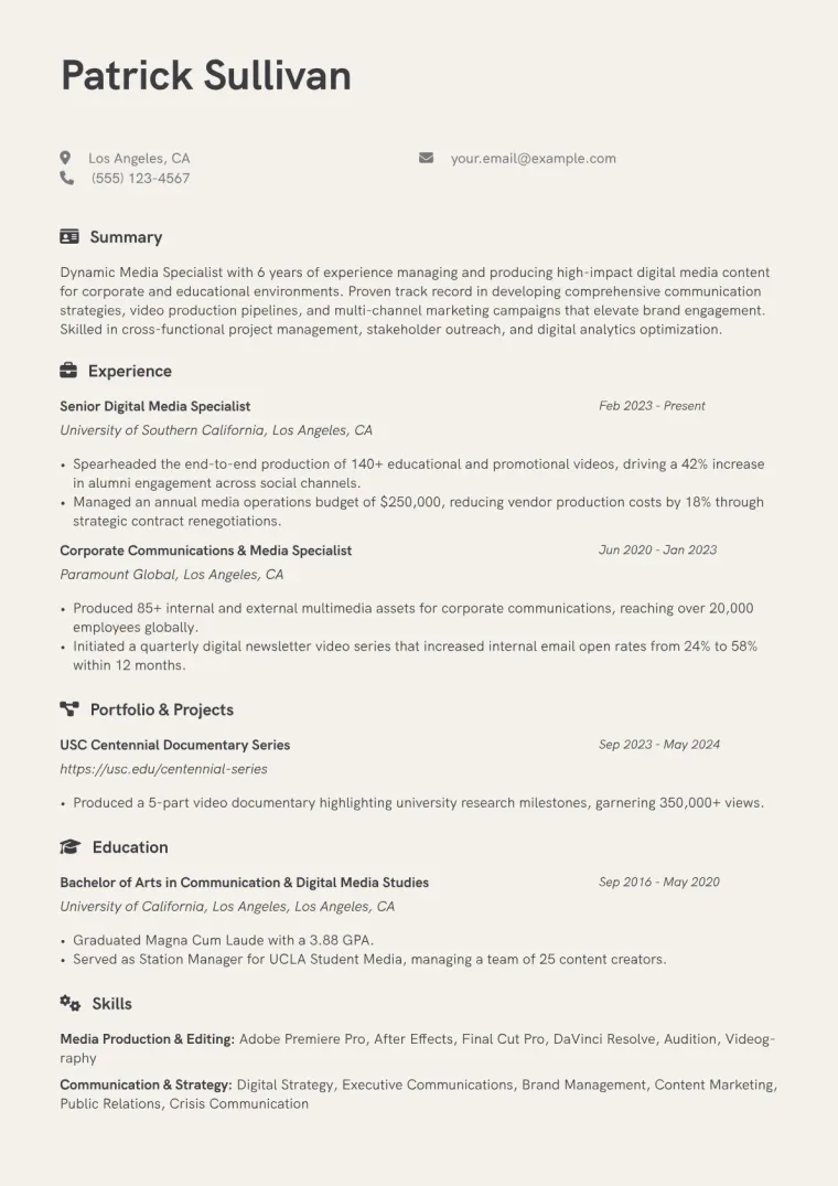 Media Specialist Resume Example CV template preview