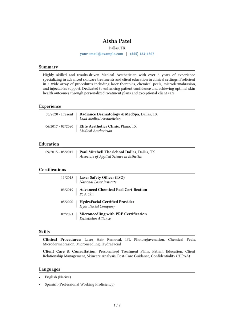 Medical Aesthetician Resume Example CV template preview