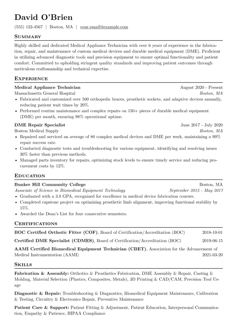 Medical Appliance Technician Resume Example CV template preview