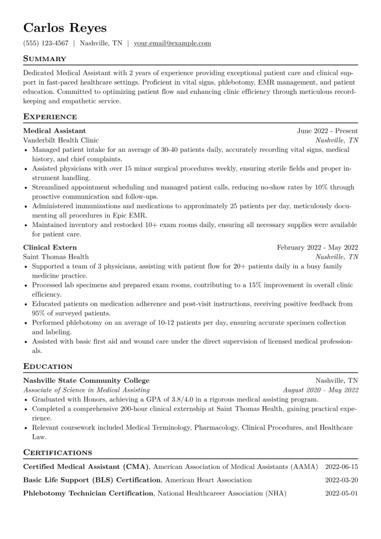 Medical Assistant Resume Example CV template preview