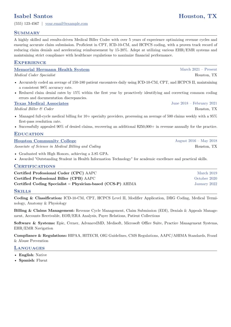Medical Biller Coder Resume Example CV template preview