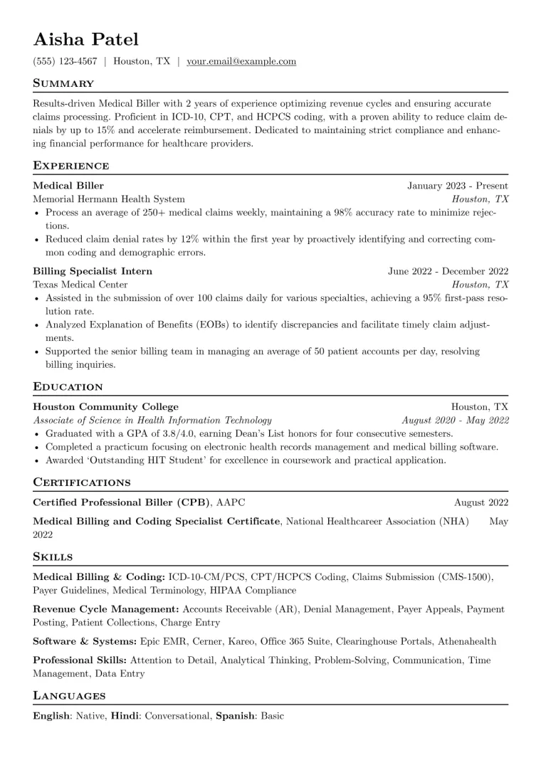 Medical Biller Resume Example CV template preview