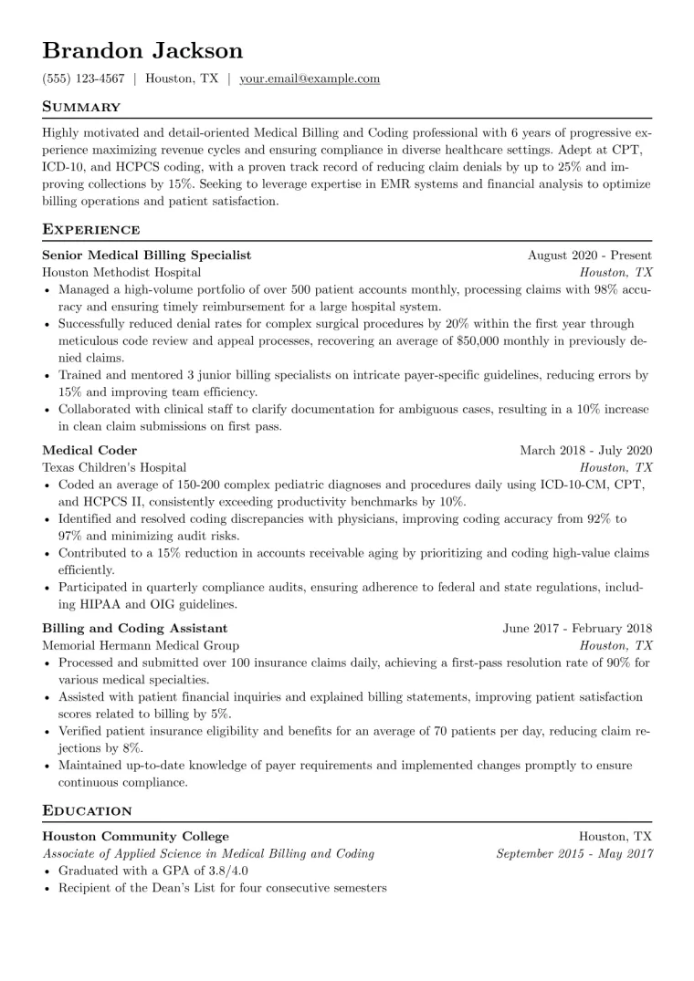 Medical Billing and Coding Resume Example CV template preview