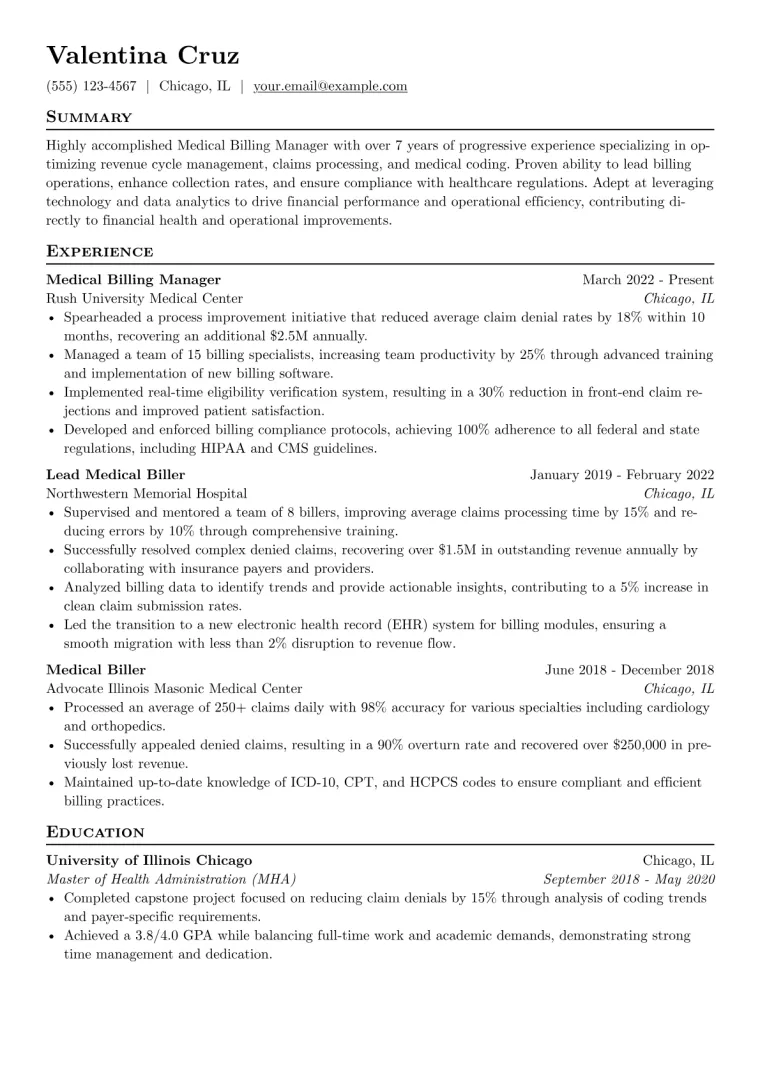Medical Billing Manager Resume Example CV template preview