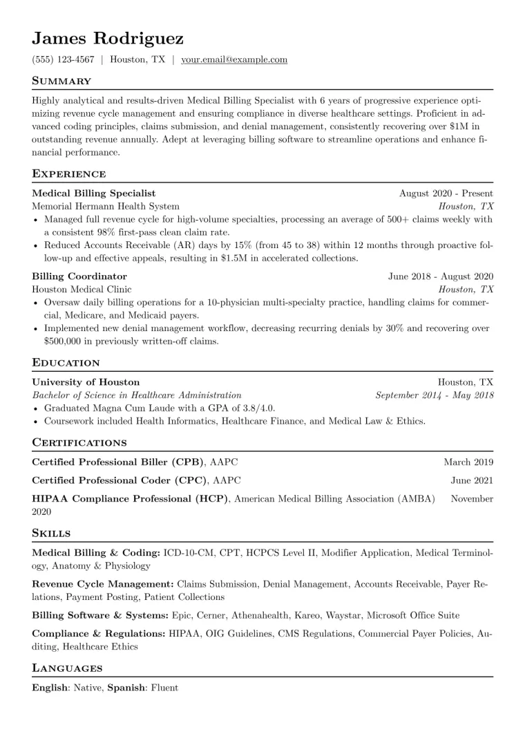 Medical Billing Resume Example CV template preview
