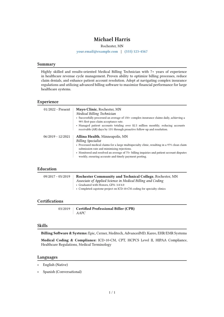 Medical Billing Technician Resume Example preview