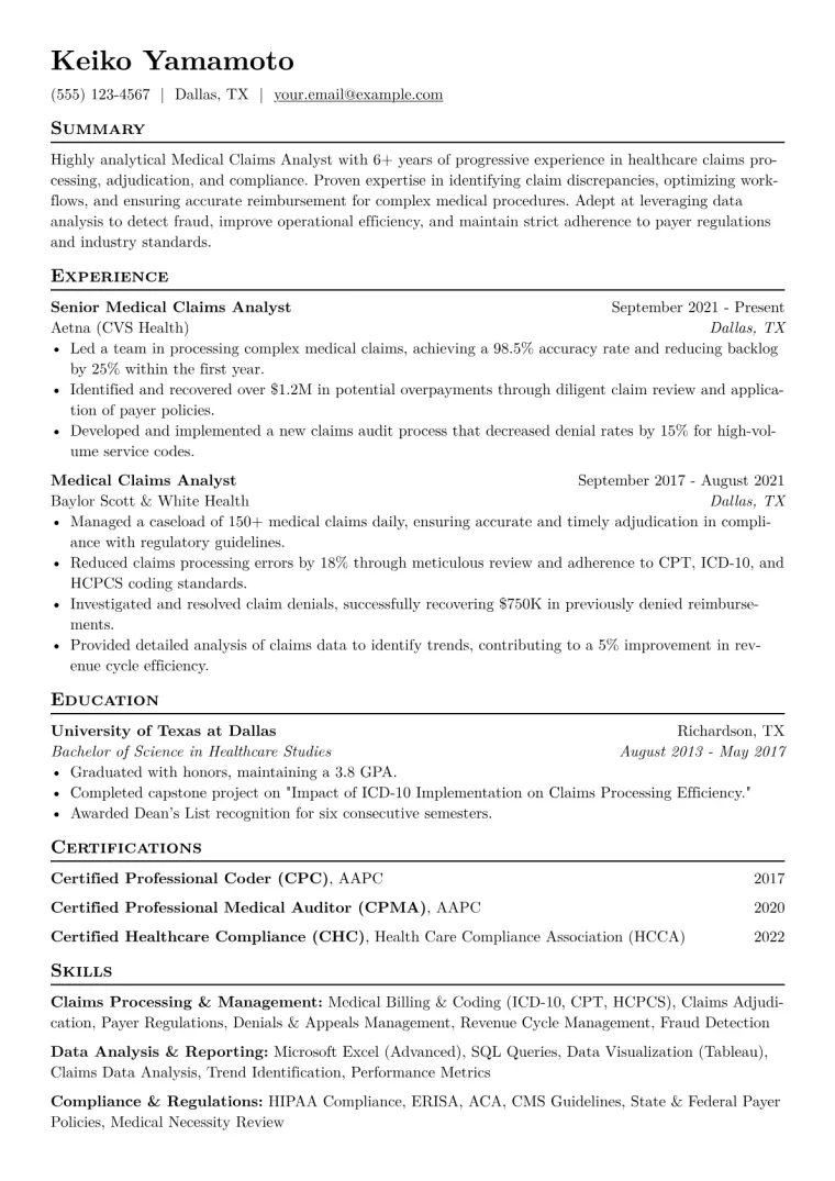 Medical Claims Analyst Resume Example CV template preview