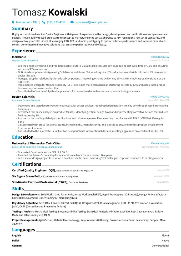 Medical Device Engineer Resume Example CV template preview