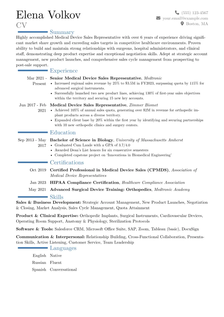 Medical Device Sales Representative Resume Example CV template preview