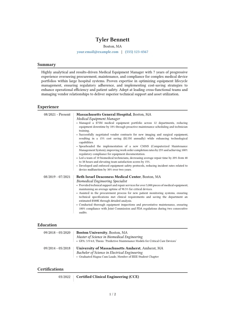 Medical Equipment Manager Resume Example CV template preview