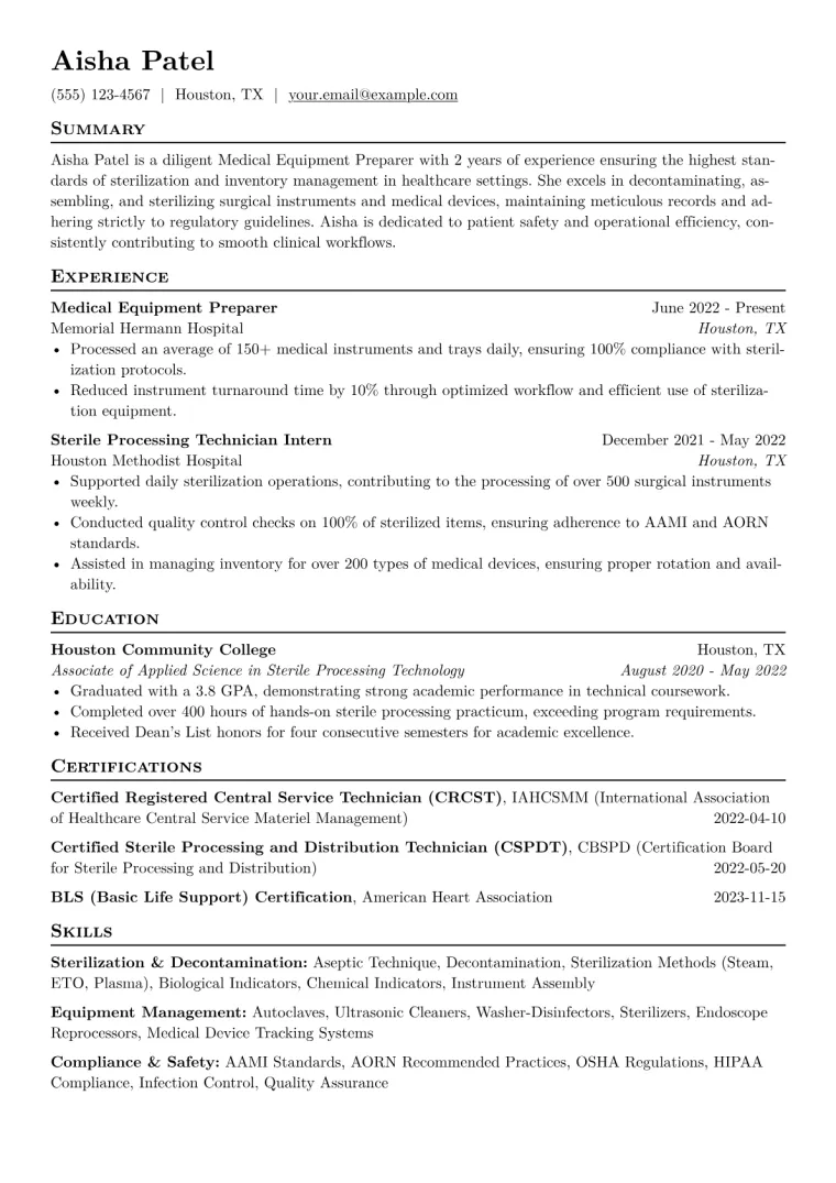 Medical Equipment Preparer Resume Example CV template preview
