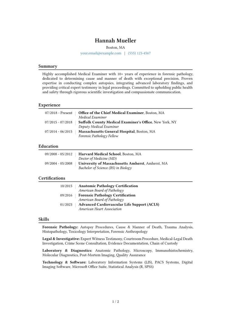Medical Examiner Resume Example CV template preview