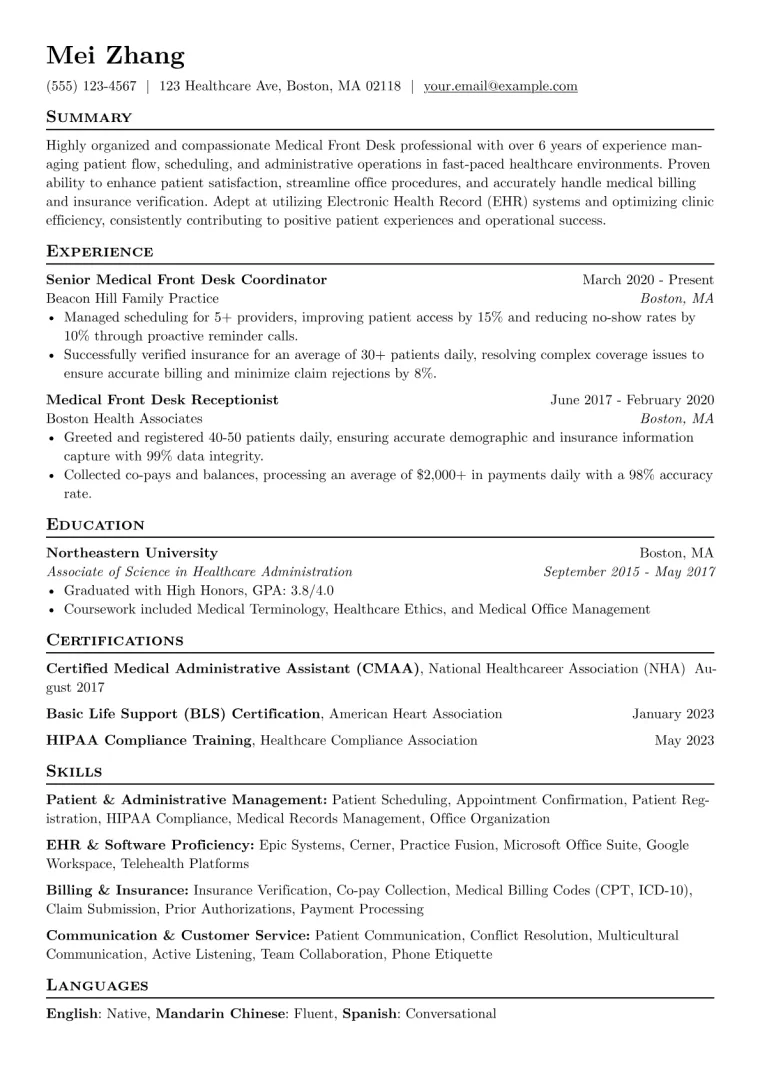 Medical Front Desk Resume Example CV template preview