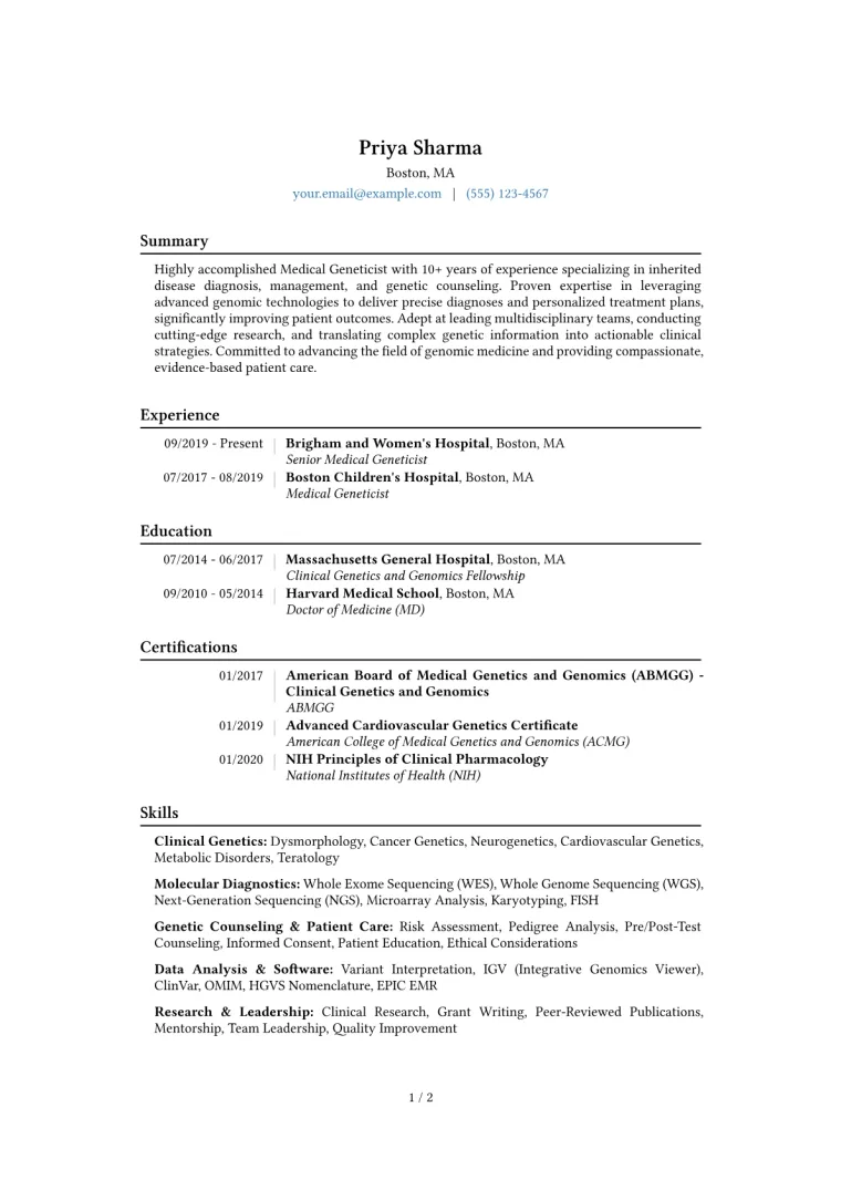 Medical Geneticist Resume Example CV template preview